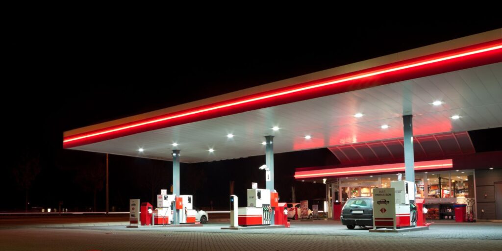 A fuel station at night