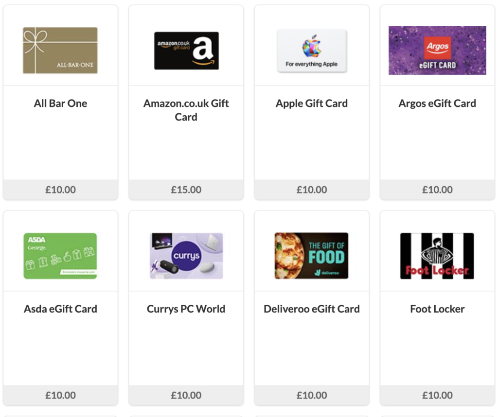 a list of gift cards available Valued Opinions gift cards