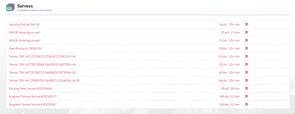 List of surveys available