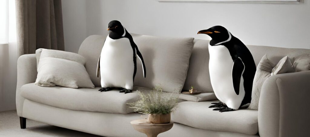 two penguins on a sofa