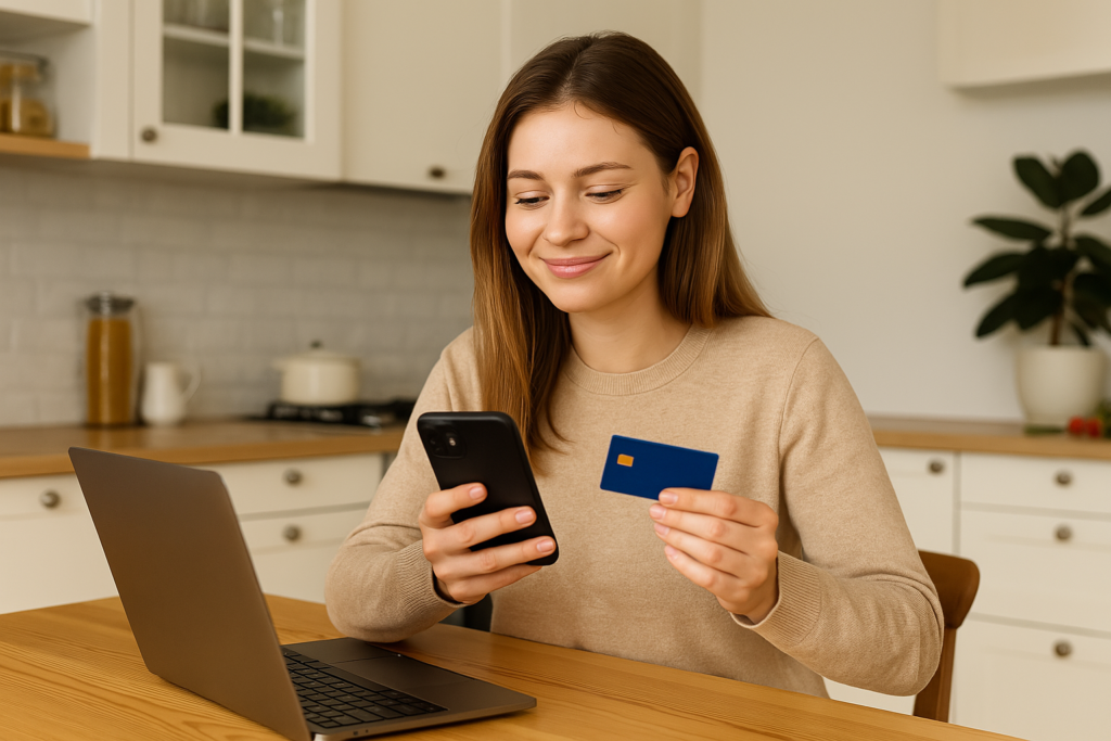 A woman with a computer and bank card