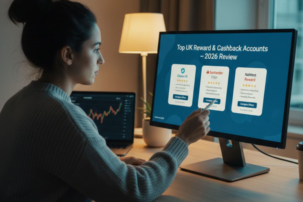 A person choosing between reward accounts on their computer