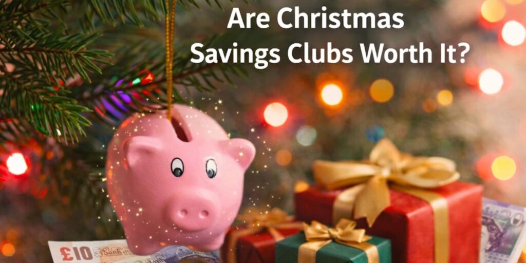 A savings pig dangling from a Christmas tree
