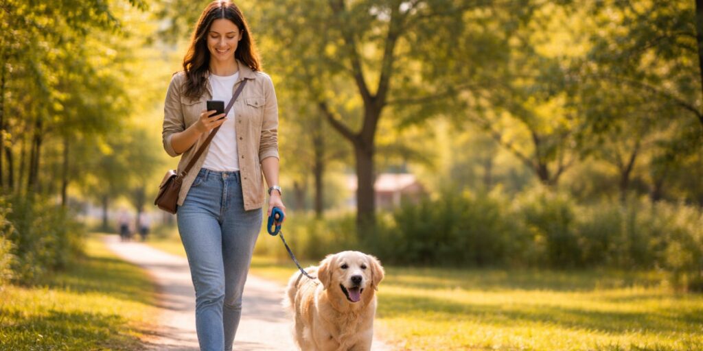 A person walking their dog whilst look at their phone