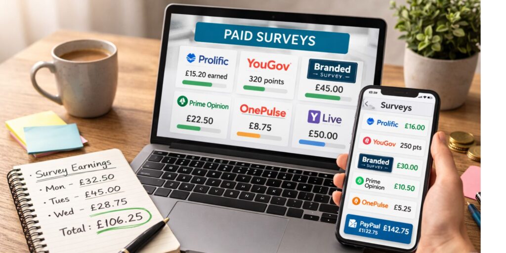 A desk with laptop and phone showing surveys with a notepad and a listing money made